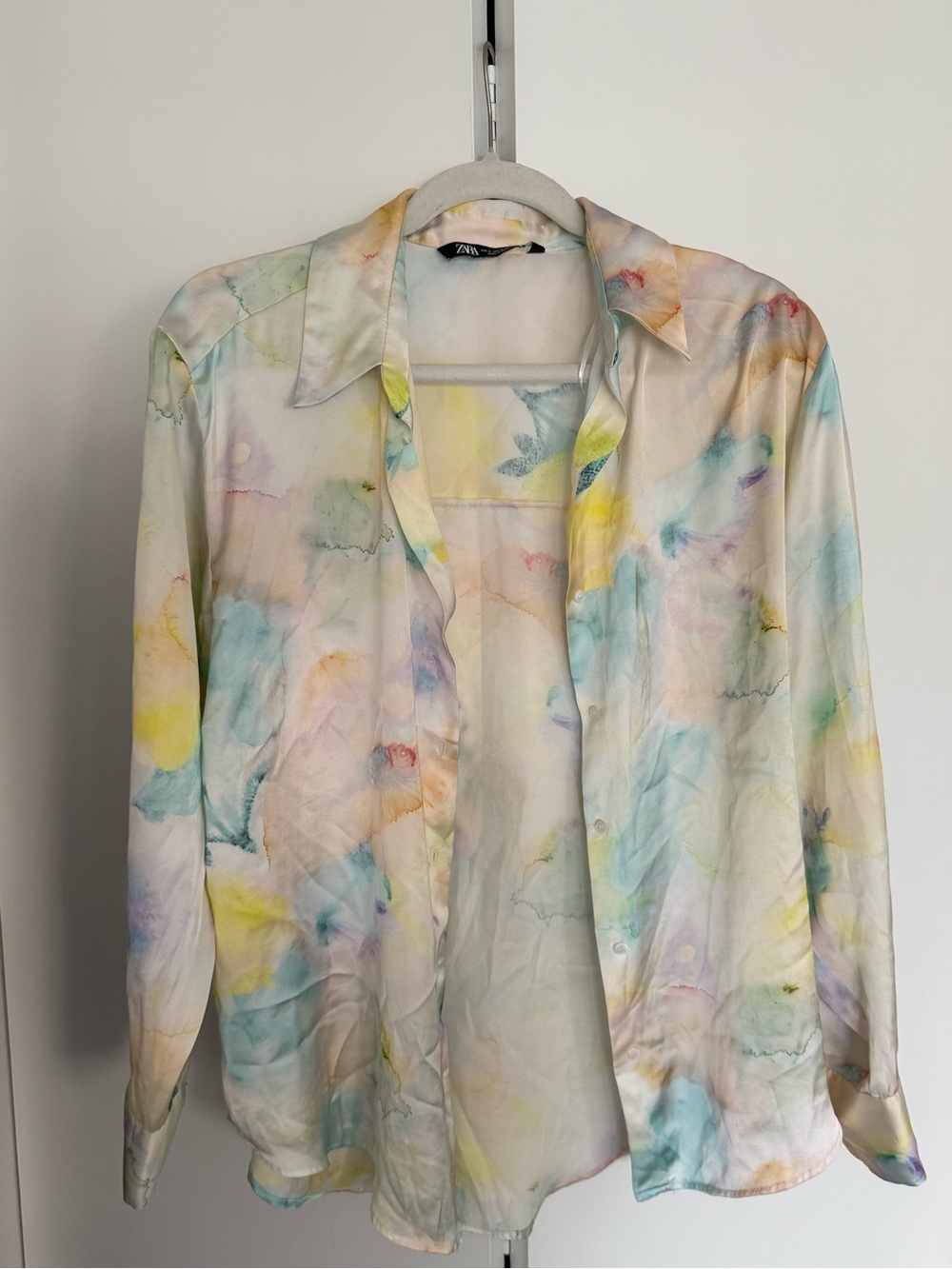 Zara Silk Pastel Watercolor Long-Sleeve Button-Up